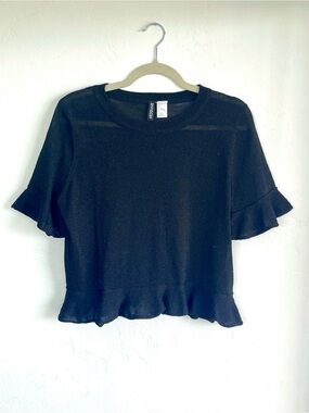 Black Ruffle Hem Sheer Short Sleeve Crop Top